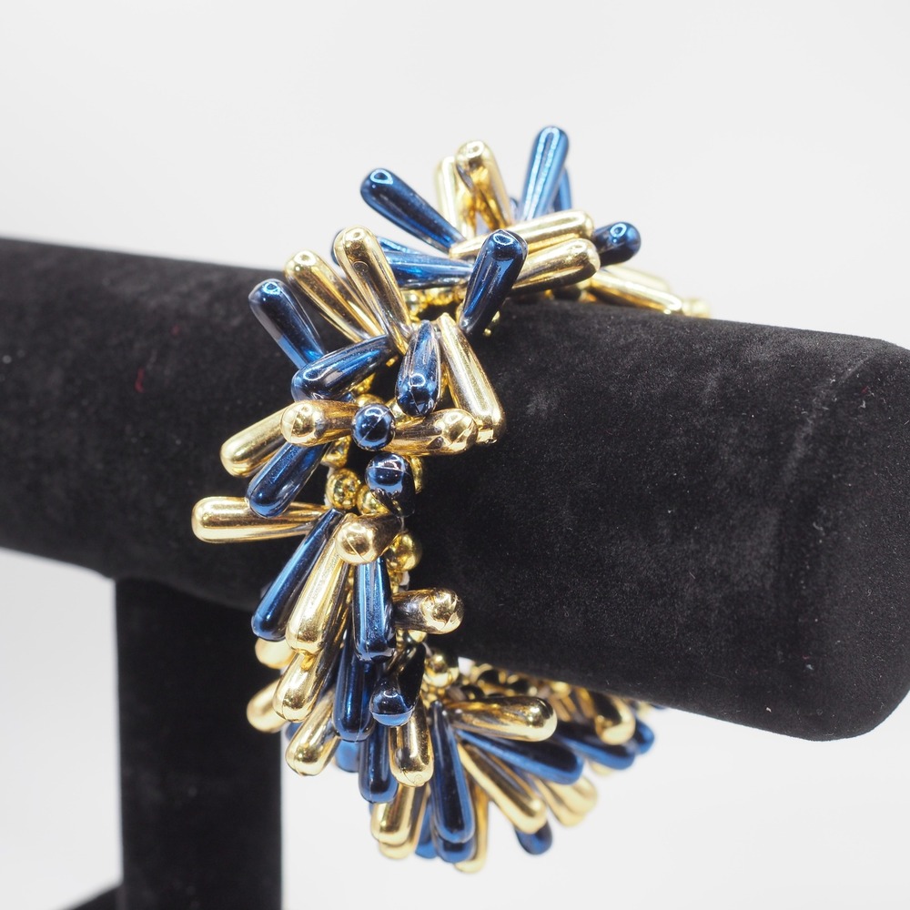 Bracelet Blue Gold Metallic Cluster Plastic Bead Stretch Statement Pom Pom Cheer